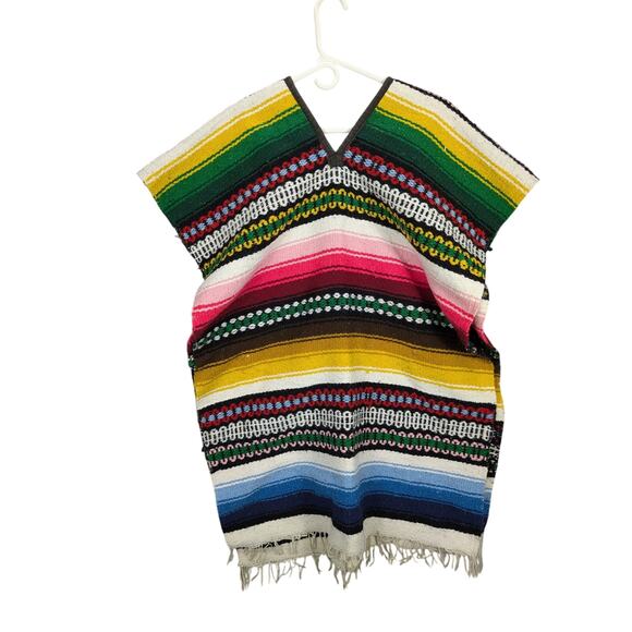 Vintage Baja Poncho Sweater Mens Medium Woven Pullover Boho Hooded 90s - Picture 2 of 8